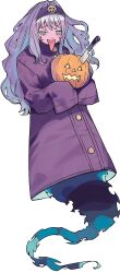  1girl blush commentary english_commentary facial_mark full_body hair_intakes hair_ornament headband highres holding holding_pumpkin jack-o'-lantern knife long_coat long_hair long_sleeves looking_at_viewer no_feet official_art pale_skin pumpkin purple_hair qbara_qbara shy_(series) sleeves_past_fingers sleeves_past_wrists tongue tongue_out 