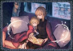  2girls andranof_pepesha black_leggings black_shirt blonde_hair book closed_eyes closed_mouth collared_shirt commentary deer english_commentary hair_between_eyes highres holding holding_book leggings lenya_andranof long_hair mother_and_child mother_and_daughter multiple_girls official_art pale_skin parent_and_child picture_book pillow shirt short_hair shy_(series) sitting smile squirrel teeth under_covers white_shirt window 