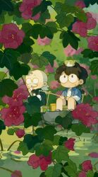  2boys a'gen_(the_legend_of_luoxiaohei) balding bamboo_chair bird black_hair chibi chibi_only chinese_clothes closed_mouth cup facial_hair fishing flower highres holding holding_cup leaf long_sleeves looking_up male_focus multiple_boys mustache nature no_nose official_art open_mouth outdoors pink_flower river round_eyewear sandals shirt shorts sweatdrop the_legend_of_luo_xiaohei tree white_hair white_shirt yunfei_(the_legend_of_luoxiaohei) zaoshu 