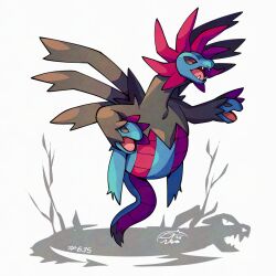  black_fur black_sclera blue_fur colored_sclera fangs flying hydreigon mistray-art multiple_heads open_mouth pokemon pokemon_(creature) red_eyes signature tail two-tone_fur white_background 