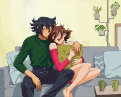  1boy 1girl black_hair blush brown_hair couch couple cuddling domon_kasshu g_gundam gundam highres indoors looking_at_another on_couch pillow rain_mikamura shirt smile spiky_hair table tomato_841gg 