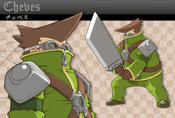  1boy 2000s_(style) armor brown_gloves brown_hair character_name chaves_(summon_night) checkered_background commentary_request covered_mouth fat gloves goggles green_jumpsuit green_shoes high_collar holding holding_sword holding_weapon jumpsuit male_focus official_art ootsuka_shin'ichirou shoes shoulder_armor summon_night summon_night:_swordcraft_story sword weapon zipper 