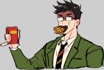  1boy black_hair blazer food food_in_mouth glasses glasses_enthusiast henry_the_green_engine jacket male_focus necktie opaque_glasses pinky_out pocky pocky_day school_uniform shaded_face short_hair solo thomas_the_tank_engine upper_body 