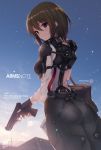  1girl ass bag breasts brown_hair fukai_ryousuke gun handgun looking_at_viewer looking_back original pistol school_bag short_hair small_breasts solo thighs weapon 