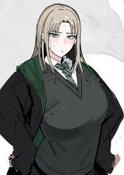  1girl absurdres bird blonde_hair blush collared_shirt cowboy_shot crow draco_malfoy draco_malfoy_(redteneri) genderswap genderswap_(mtf) green_eyes green_necktie hands_on_own_hips harry_potter_(series) highres hogwarts_school_uniform isshukakihito looking_at_viewer necktie school_uniform shirt simple_background solo striped_clothes striped_necktie sweat sweater_vest white_background white_shirt wizarding_world 