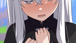  1girl black_dress blue_sky blush dress echidna_(re:zero) grass grey_eyes hands_on_own_chest long_hair looking_down na-suke open_mouth re:zero_kara_hajimeru_isekai_seikatsu sky white_hair 