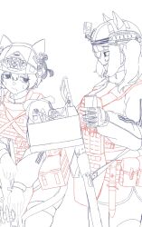  2girls action_camera b1-517 berserk body_armor box bulletproof_vest can character_request check_character cirno cowboy_shot dagger grin helmet highres holding holding_box holding_can knife marusha_(b1-517) mole mole_under_eye mole_under_mouth multiple_girls nervous_sweating original russian_ground_forces russo-ukrainian_war scissors sharp_teeth sheath sheathed sketch skindentation smile sweat teeth touhou unfinished video_camera weapon weapon_request 