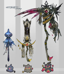  absurdres banette commentary_request dated grey_background highres mega_banette no_humans objectification pokemon pokemon_(creature) reference_inset scythe shuppet signature sukepmonster sword weapon weapon_focus 