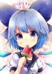  1girl alternate_costume aqua_hair blue_eyes bow cirno eating food gradient_hair hair_bow hair_ornament hair_ribbon highres holding ice ice_wings looking_at_viewer multicolored_hair neckerchief popsicle ribbon school_uniform serafuku short_hair solo touhou upper_body uta_(kuroneko) watermelon_bar wings 