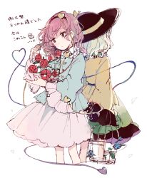 2girls back-to-back black_hairband black_hat blue_flower blue_rose blue_shirt cage collared_shirt commentary_request cropped_legs disembodied_linked_eye flower frilled_shirt_collar frills green_skirt hair_ornament hairband hat hat_ribbon heart heart_hair_ornament heart_of_string holding holding_cage komeiji_koishi komeiji_satori long_sleeves mozukuzu_(manukedori) multiple_girls pink_hair pink_skirt rating;g red_flower red_rose ribbon rose shirt short_hair siblings simple_background sisters skirt sleeves_past_fingers sleeves_past_wrists touhou translation_request white_background wide_sleeves yellow_ribbon yellow_shirt 