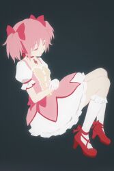  1girl absurdres black_background bow breasts buttons cha_xinzi chinese_commentary closed_eyes commentary_request dress film_grain frilled_sleeves frilled_socks frills full_body gloves hair_bow high_heels highres invisible_chair kaname_madoka kaname_madoka_(magical_girl) mahou_shoujo_madoka_magica mahou_shoujo_madoka_magica_(anime) own_hands_together parted_lips pink_dress pink_hair puffy_short_sleeves puffy_sleeves red_bow red_shoes shoes short_hair short_sleeves simple_background sitting small_breasts socks solo soul_gem_(madoka_magica) twintails white_gloves white_socks 