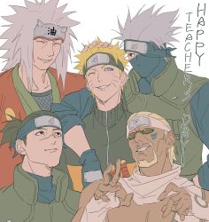  5boys black_hair blonde_hair facial_mark forehead_protector green_haori grey_hair haori hatake_kakashi highres japanese_clothes jiraiya_(naruto) killer_bee konohagakure_shinobi_uniform konohagakure_symbol multiple_boys naruto_(series) naruto_shippuuden onise_kakkoii smile teacher_and_student tear_troughs umino_iruka uzumaki_naruto 