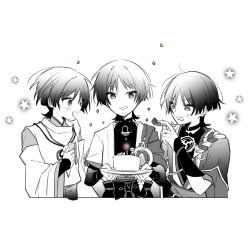  3boys anger_vein arm_at_side armor belt blunt_ends blush bodysuit bow bridal_gauntlets cake candle candlelight choppy_bangs clothing_cutout commentary_request covered_collarbone eyeliner fingernails food frown furisode furrowed_brow gem genshin_impact greyscale hand_up hands_up highres holding holding_party_popper holding_plate japanese_armor japanese_clothes jewelry kariginu kimono kote kusa_013yyds layered_sleeves long_sleeves looking_at_food makeup mandarin_collar mitsudomoe_(shape) monochrome multiple_boys multiple_persona neck_ring o-ring open_clothes open_kimono open_mouth party_popper party_whistle plate rope sash scaramouche_(genshin_impact) scaramouche_(harbinger)_(genshin_impact) scaramouche_(kabukimono)_(genshin_impact) shimenawa shoulder_cutout shoulder_peek side_cape star_(symbol) string tomoe_(symbol) tsurime vision_(genshin_impact) wanderer_(genshin_impact) white_background wide_sleeves wispy_bangs wolf_cut 