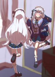  1girl absurdres alternate_costume blurry blurry_background blush closed_eyes closed_mouth collarbone commentary_request full_body grey_hair hair_between_eyes hair_ornament headdress highres k_(tan3gt) long_hair looking_at_mirror mahou_shoujo_no_majo_saiban mirror natsume_an-an nervous_sweating pov standing standing_on_one_leg sweat v violet_eyes 