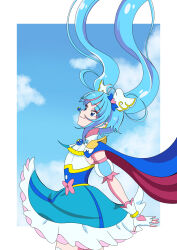  1girl absurdres blue_cape blue_dress blue_eyes blue_hair blue_sky bow brooch cape closed_mouth clouds cloudy_sky commentary cowboy_shot cure_sky cut_bangs day detached_sleeves dress dress_bow earclip earrings fingerless_gloves frilled_dress frills from_side gloves hair_ornament highres hirogaru_sky!_precure jewelry long_hair looking_up magical_girl morishita_(moricuremori) multicolored_hair outdoors pink_bow pink_hair precure puffy_detached_sleeves puffy_sleeves red_cape short_dress single_earring single_sidelock sky sleeveless sleeveless_dress smile solo sora_harewataru standing streaked_hair twintails two-sided_cape two-sided_fabric two-tone_dress two-tone_hair very_long_hair white_dress white_gloves wind wing_brooch wing_hair_ornament 