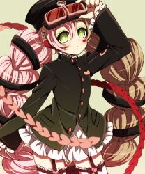  1girl 7753 akasata braid brown_hair commentary_request frilled_skirt frilled_sleeves frills garter_straps goggles goggles_on_head green_eyes grey_background hat heart heart_print magical_girl mahou_shoujo_ikusei_keikaku mahou_shoujo_ikusei_keikaku_limited multicolored_hair pink_hair skirt thigh-highs twin_braids two-tone_hair white_thighhighs 