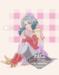  1girl aqua_hair blue_eyes boots breasts commentary_request cup detached_sleeves dress final_fantasy final_fantasy_vi full_body gold_trim gradient_cape grey_pantyhose hair_ribbon highres holding holding_cup light_smile long_hair looking_at_viewer medium_breasts pantyhose parted_bangs pink_ribbon ponytail rakugaki_wanko red_boots red_dress red_sleeves ribbon sash simple_background sitting solo steam steaming_cup tassel terra_branford twitter_username waist_sash 