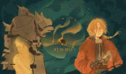  2boys ahoge alphonse_elric amputee armor automail blonde_hair braid brothers coat edward_elric full_armor fullmetal_alchemist fullmetal_alchemist_(2003) gloves highres long_hair looking_at_viewer male_focus mechanical_arms multiple_boys naasog october ponytail prosthesis prosthetic_arm red_coat shirt siblings single_braid single_mechanical_arm smile yellow_eyes 