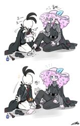  1girl 1other alriune applying_bandages aqua_eyes bandaged_ankle black_vest closed_mouth collared_shirt colored_skin commentary_request cosplay crying extra_arms faust_(project_moon) faust_(project_moon)_(cosplay) flower force_(4sk_force) hat korean_commentary lcb_uniform_(project_moon) limbus_company lobotomy_corporation necktie open_mouth partial_humanization pink_flower pink_hat pink_skin project_moon red_necktie shirt simple_background smile the_silent_orchestra vest white_background white_shirt yi_sang_(project_moon) yi_sang_(project_moon)_(cosplay) 