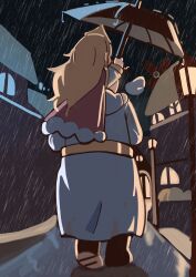 1boy 1girl absurdres black_pants blonde_hair cape carrying chibi commentary_request detached_wings dirty dirty_clothes dochsaechi erpin_(trickcal) from_behind fur-trimmed_cape fur_trim height_difference highres holding holding_umbrella korean_commentary lamppost leader_(trickcal) night outdoors pants piggyback rain red_cape robe tiara trickcal umbrella white_robe wings 