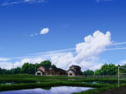  blue_sky chain-link_fence commentary_request contrail day fence highres house no_humans original outdoors pei_(sumurai) power_lines reflection reflective_liquid rice_paddy scenery sky utility_pole 
