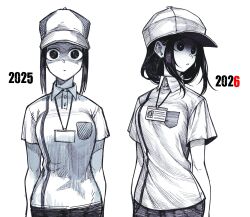  1girl arms_at_sides breasts closed_mouth commentary comparison english_commentary greyscale hat highres id_card lanyard looking_at_viewer monochrome multiple_views my_co-worker_is_an_eldritch_x senukin shirt turning_head white_background 