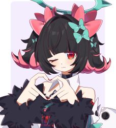  1girl bare_shoulders black_choker black_hair blunt_bangs bow choker colored_inner_hair commentary_request fum1nng fur-trimmed_sleeves fur_trim green_bow green_halo halo highres multicolored_hair nangong_yu one_eye_closed pink_hair red_eyes smile solo too_many_bows twintails zenless_zone_zero 