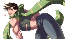  1boy all_fours battle_tendency belt brown_belt brown_hair commentary crop_top denim green_eyes green_scarf green_shirt highres jeans jojo_no_kimyou_na_bouken joseph_joestar joseph_joestar_(young) kawara_10 male_focus one_eye_closed pants scarf shirt short_hair simple_background solo toned toned_male tongue tongue_out untranslatable_commentary white_background 