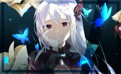  1girl aqua_background black_dress blue_butterfly book border bug butterfly butterfly_hair_ornament commentary_request dress echidna_(re:zero) glowing_butterfly grey_butterfly grey_eyes hair_between_eyes hair_ornament hand_on_own_face highres long_hair looking_at_viewer open_book pie_(user_ysaf8745) re:zero_kara_hajimeru_isekai_seikatsu signature smile solo transparent_border white_hair 