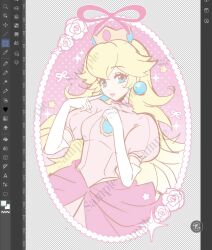  1girl art_program_in_frame blonde_hair blue_eyes breasts chest_jewel commentary crown dress earrings elbow_gloves english_commentary finger_to_cheek gloves highres jewelry long_hair looking_at_viewer medium_breasts meowwniz pink_background pink_dress pink_lips princess_peach puffy_short_sleeves puffy_sleeves sample_watermark short_sleeves solo sparkle sphere_earrings super_mario_bros. upper_body watermark white_gloves 