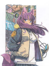  1girl animal_ears animal_on_shoulder baby_animal backpack bag bird bird_on_shoulder blue_eyes blush border breasts chick commentary cyberpunk dated digital_walkman eyeshadow floating floating_hair floating_object fluffy_tail fox_ears fox_girl hand_in_pocket highres industrial industrial_pipe jacket large_breasts letterman_jacket long_hair looking_to_the_side makeup making-of_available meiz mp3_player original outdoors outline painting_(medium) pleated_skirt purple_hair red_eyeshadow road_sign shikishi shirt sign skirt slit_pupils solo sweater swept_bangs traditional_media turtleneck turtleneck_shirt watercolor_(medium) white_border white_outline white_sweater 