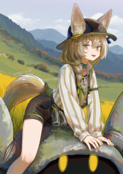  1girl absurdres arknights beanstalk_(arknights) black_collar black_hat black_overalls black_shorts braid brown_eyes brown_hair collar commentary_request crab day ears_through_headwear hair_ribbon hat highres hyena_ears hyena_girl hyena_tail id_card infection_monitor_(arknights) long_sleeves open_mouth outdoors overalls ribbon shirt shorts single_braid sitting_on_animal smile solo striped_clothes striped_shirt welt_(kinsei_koutenkyoku) white_shirt 