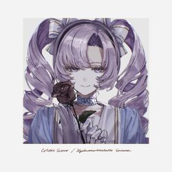  1girl bad_id bad_twitter_id black_hairband bow character_name choker closed_mouth commentary_request drill_hair english_text flower frilled_choker frills gloves hair_bow hairband hands_up highres holding holding_flower hyakumantenbara_salome hyakumantenbara_salome_(school_uniform) ito_(silva) long_hair looking_at_viewer nijisanji official_art parted_bangs purple_hair rose sad school_uniform simple_background smile solo twin_drills twintails upper_body violet_eyes white_background white_bow white_gloves 