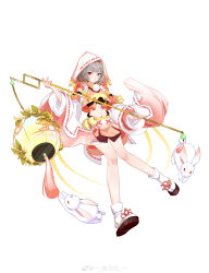  1girl absurdres black_shirt blue_eyes bob_cut bobby_socks chinese_commentary closed_mouth clothing_cutout crop_top flower full_body gem gourd green_gem grey_hair heterochromia highres hood hood_up hooded_jacket jacket knees_together_feet_apart lantern law_of_creation long_sleeves looking_at_viewer midriff miniskirt official_art osmanthus paper_lantern pink_jacket pink_skirt pom_pom_(clothes) qiabeibei rabbit red_eyes ribbon ribbon-trimmed_hood ribbon-trimmed_sleeves ribbon_trim rope sandals shimenawa shirt short_hair shoulder_cutout simple_background skirt sleeve_ribbon socks solo tassel watermark weibo_watermark white_background white_sleeves white_socks yellow_flower yellow_ribbon zouri 