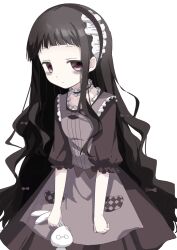  15_mi1k absurdres bags_under_eyes black_bow black_dress black_hair black_hairband blunt_bangs bow commentary_request dress frilled_dress frilled_hairband frills gothic_lolita hairband hardgore_alice highres holding holding_stuffed_toy lolita_fashion long_hair magical_girl mahou_shoujo_ikusei_keikaku mahou_shoujo_ikusei_keikaku_unmarked stuffed_toy white_background 