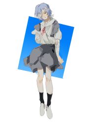  1girl arm_injury ayanami_rei bandage_over_one_eye bandaged_arm bandages black_socks blue_background blue_hair border cast commentary dress full_body grey_dress highres looking_at_viewer nayonayooooooo neon_genesis_evangelion red_eyes school_uniform shoes short_hair sketch socks solo tokyo-3_middle_school_uniform white_border white_shoes 