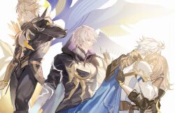  1girl 3boys absurdres antenna_hair armor asymmetrical_wings black_gloves black_hood black_shirt blonde_hair blue_cape blue_eyes cape closed_eyes gloves grey_hair hand_in_another's_hair hand_on_another's_back highres honkai:_star_rail honkai_(series) hug long_hair material_growth multiple_boys multiple_views mutual_hug parted_lips pauldrons phainon_(flame_reaver)_(honkai:_star_rail) phainon_(honkai:_star_rail) phainon_(khaslana)_(honkai:_star_rail) shirt short_hair shoulder_armor simple_background stars_4993 stelle_(honkai:_star_rail) sun_symbol trailblazer_(honkai:_star_rail) white_background white_hair wings yellow_eyes 