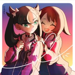  2girls :d absurdres alternate_costume asymmetrical_bangs black_hair border bow bowtie brown_hair choker closed_eyes collared_shirt gloria_(pokemon) gradient_background green_eyes hair_ribbon highres jacket looking_at_another marnie_(pokemon) multiple_girls open_mouth pink_bow pink_bowtie pink_sleeves pokemon pokemon_sword_and_shield purple_jacket ribbon sandora_(karugamo_no_e) shirt short_hair simple_background smile sunset twintails upper_body white_border 
