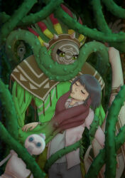  1boy 1girl ajatarmon black_hair closed_eyes collared_shirt commentary digimon digimon_(creature) digimon_ghost_game english_commentary green_eyes highres looking_at_another mask monster_girl open_mouth pamshindouu pants plant plant_girl robot shirt takanashi_yuto thorns vines 
