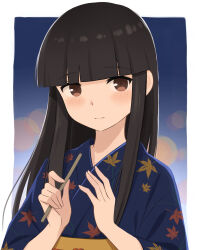  1girl absurdres alternate_costume azuki-iro blue_kimono blue_sky blunt_bangs blurry blurry_background blush border brown_eyes commentary_request food gradient_sky hatsuyuki_(kancolle) highres hime_cut holding holding_stick japanese_clothes kantai_collection kimono leaf_print long_hair long_sidelocks looking_at_viewer obi sash sidelocks sky solo stick upper_body white_border 