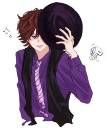  2boys animification black_hat brown_hair cropped_torso curtained_hair diagonal-striped_clothes diagonal-striped_necktie dress_shirt fingernails grin hair_between_eyes hand_up hat hidari_shoutarou highres kamen_rider kamen_rider_w long_sleeves male_focus multiple_boys necktie notice_lines one_eye_covered philip_(kamen_rider) purple_shirt shirt short_hair simple_background smile sparkle striped_clothes striped_necktie uechi_0312 violet_eyes white_background 
