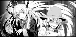  2girls commentary_request dalachi_(headdress) dress energy greyscale hair_ribbon junko_(touhou) long_hair long_sleeves long_tongue monochrome moriya_suwako multiple_girls pom_pom_(clothes) ribbon smile tabard tongue tongue_out touhou tress_ribbon upper_body very_long_hair wide_sleeves zounose 