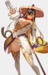  1girl beads breasts brown_hair cleavage fate/grand_order fate_(series) grin hat highres lack large_breasts long_hair prayer_beads red_eyes smile solo staff thighs white_bikini_top xuanzang_(fate/grand_order) 