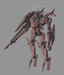  arm_cannon commentary_request cumulonimbusnt doll_joints energy_cannon glowing glowing_halo grey_background halo highres joints mecha mecha_focus no_humans original robot science_fiction simple_background solo traditional_halo weapon 