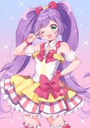  1girl :d ;d absurdres ahoge aqua_eyes bare_shoulders bow collar commentary_request cowboy_shot detached_collar detached_sleeves dress dress_bow frilled_dress frills hair_bow hand_on_own_hip highres long_hair manaka_laala multicolored_dress one_eye_closed pink_bow pink_dress pink_ribbon pretty_series pripara puffy_detached_sleeves puffy_sleeves purple_hair rayuse ribbon see-through_clothes see-through_sleeves sleeveless sleeveless_dress smile solo striped_clothes striped_dress twintails v v_over_eye very_long_hair white_collar white_dress wrist_ribbon yellow_dress 