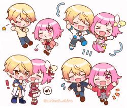  ! 1boy 1girl blazer blonde_hair blowing_kiss brown_shoes chibi closed_eyes collared_shirt commentary_request full_body gloves gradient_hair grey_skirt hand_on_own_chest hand_on_own_hip hand_up heart highres holding_hands jacket kamiyama_high_school_uniform_(project_sekai) lapels long_sleeves looking_at_viewer miyamasuzaka_girls'_academy_school_uniform multicolored_hair musical_note necktie notched_lapels notice_lines one_eye_closed ootori_emu open_clothes open_jacket open_mouth orange_eyes orange_hair outstretched_arms pants pink_eyes pink_hair pleated_skirt project_sekai school_uniform shiro_tkem shirt shoes short_hair simple_background skirt smile speech_bubble spoken_musical_note star_(symbol) tenma_tsukasa twitter_username white_background white_gloves 