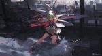  1girl black_gloves boots breasts character_request cityscape commentary copyright_request fang gloves green_hair highres holding holding_weapon large_breasts looking_at_viewer mivit red_eyes short_hair smile solo weapon 