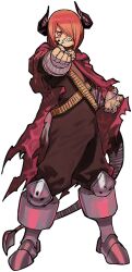  1boy baggy_pants cape clenched_hand colored_eyelashes commentary doki_baragaki english_commentary facial_mark full_body furrowed_brow hair_over_one_eye horns leg_armor looking_at_viewer male_focus official_art outstretched_arm pants pink_hair sharp_teeth short_hair shy_(series) standing tail teeth yellow_eyes 