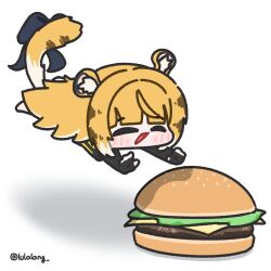  1girl animal_ear_fluff animal_ears blonde_hair blush bow burger chibi closed_eyes colored_inner_hair commentary fingerless_gloves food full_body gloves highres ju_fufu long_hair lulalang multicolored_hair open_mouth simple_background smile solo striped_fur striped_hair tail tail_bow tail_ornament tiger_ears tiger_girl tiger_tail untranslatable_commentary white_background white_hair zenless_zone_zero 