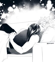  1boy 1girl absurdres arms_around_another's_waist bare_shoulders cloud_strife couch couple cuddling english_commentary eyelashes feet_out_of_frame final_fantasy final_fantasy_vii final_fantasy_vii:_advent_children from_side greyscale hetero highres kirinomon light_blush light_particles long_hair lying lying_on_person monochrome on_back on_couch on_side ribbed_shirt shared_blanket shirt short_hair sleeping sleeveless sleeveless_shirt spiky_hair tifa_lockhart twitter_username 